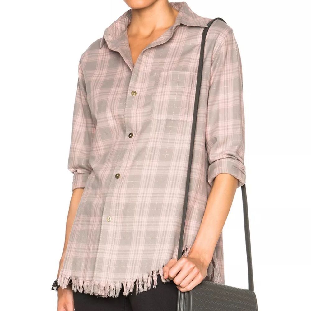 CURRENT ELLIOTT Plaid Shirt The Prep School Fray Pink Taupe Tinsel Size 2